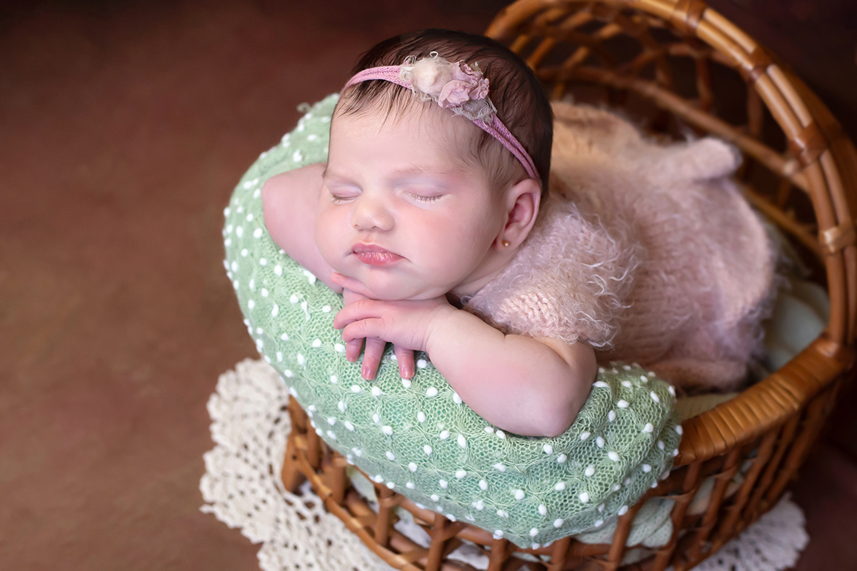 Ensaio de newborn da Aurora de 12 dias em Pará de Minas. Pose no prop moisés.