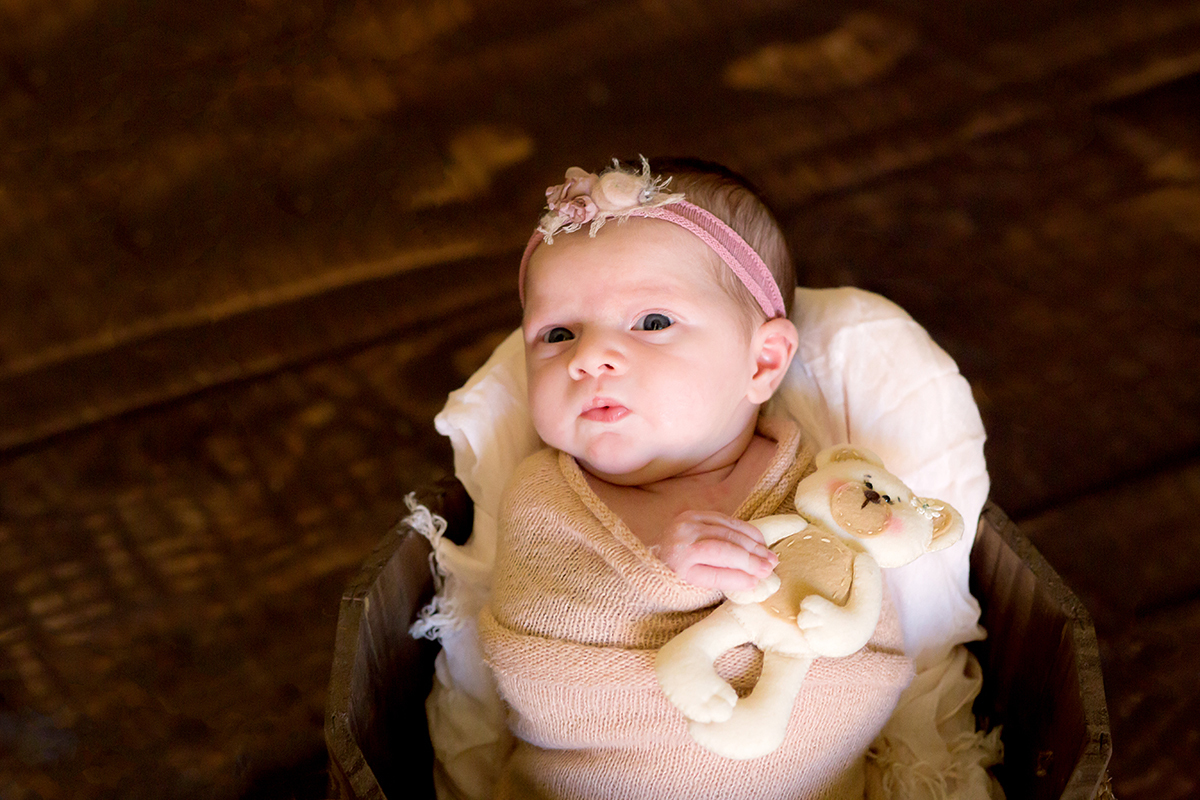 Ensaio de newborn em Pará de Minas. Bebê acordado com ursinho. Pose do baldinho enrolado no wrap.