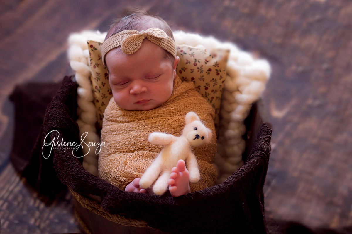 Ensaio de newborn em Pará de Minas pose no prop. Newbor enrolado no wrap com ursinho.