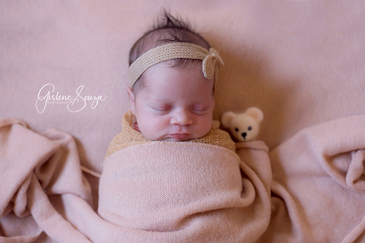 Ensaio de Newborn em Pará de Minas, pose no puff com ursinho. Manta rosa. Newborn de barrinha para cima.