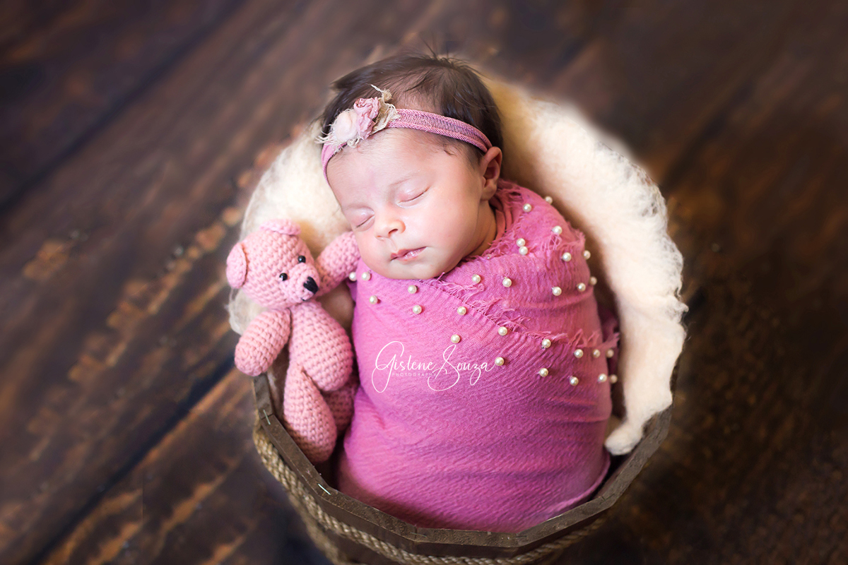 Ensaio newborn em estúdio em Belo Horizonte. Newborn menina no prop com ursinho. Fundo em madeira.new