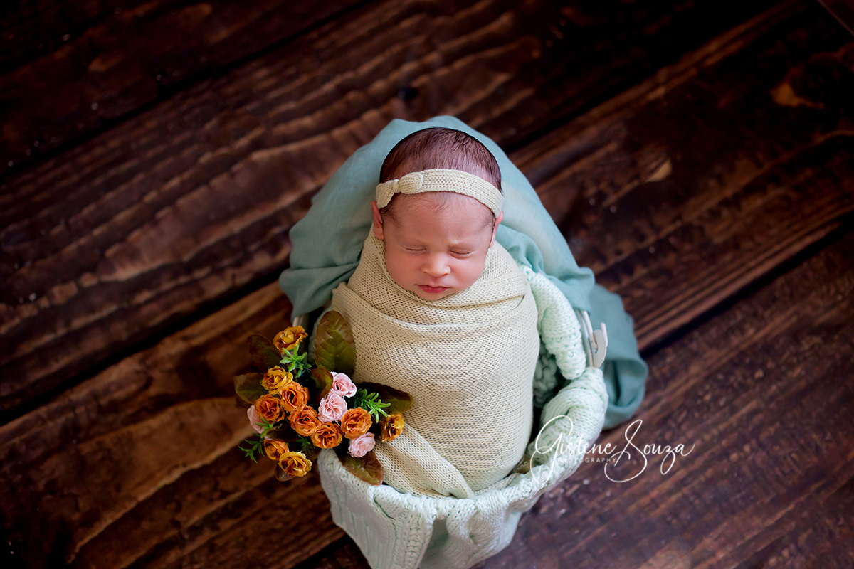 Fotografia de newborn em Belo Horizonte. Pose no prop. Ensaio nos tons de verde e piso de madeira.