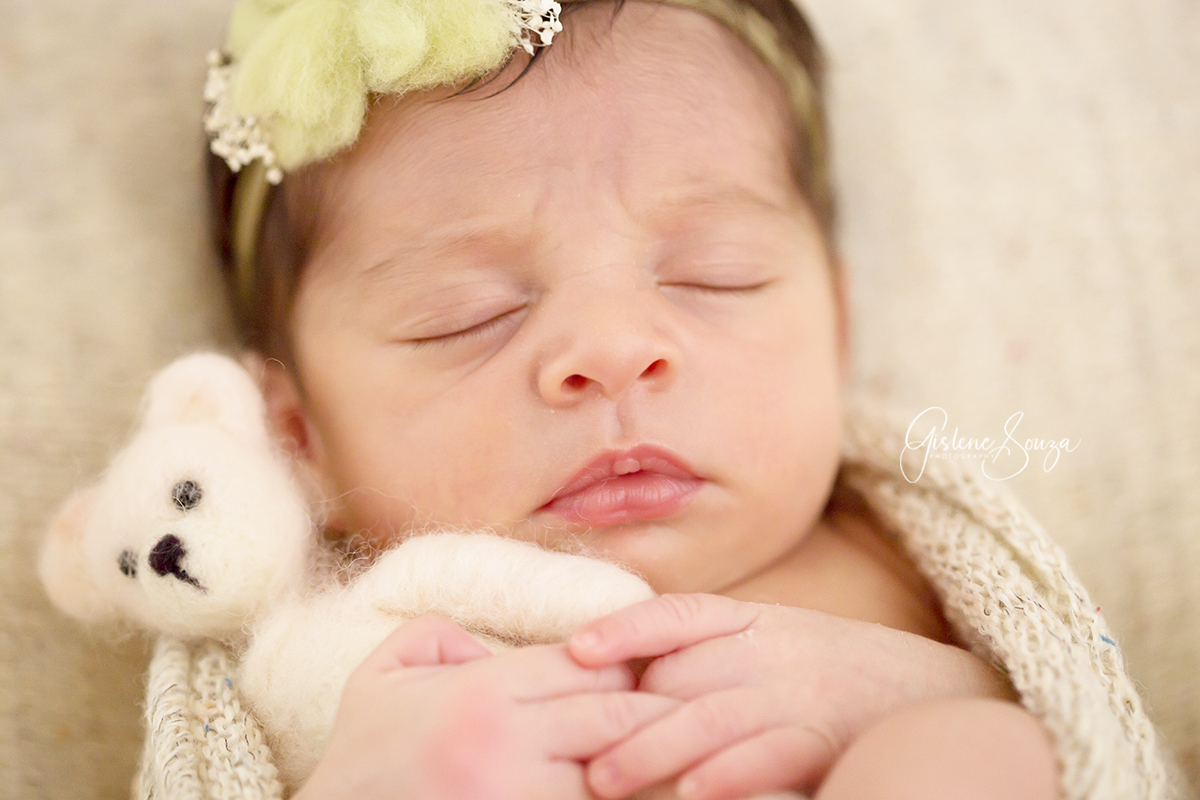 Fotografia de Newborn - bebês na cidade de Belo Horizonte, Pose do puff, bebê enrolado no wrap, com ursinho da Baby Bear.