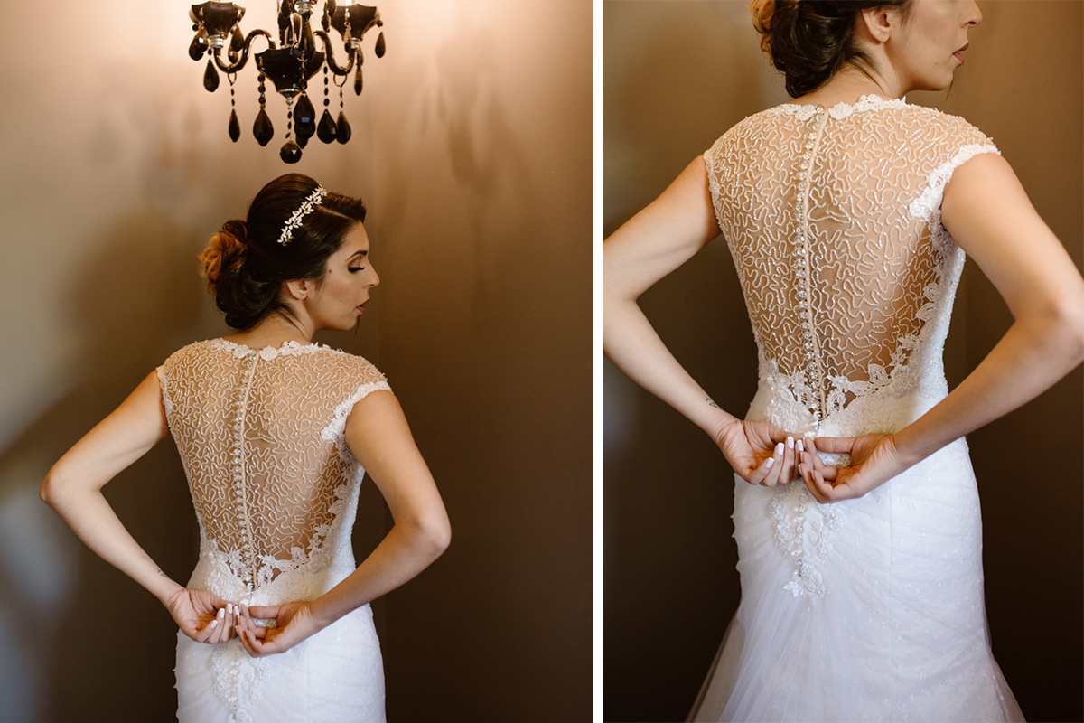 A noiva finalizando o próprio vestido