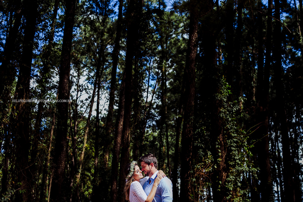 casal abraçado com pinheiros ao fundo