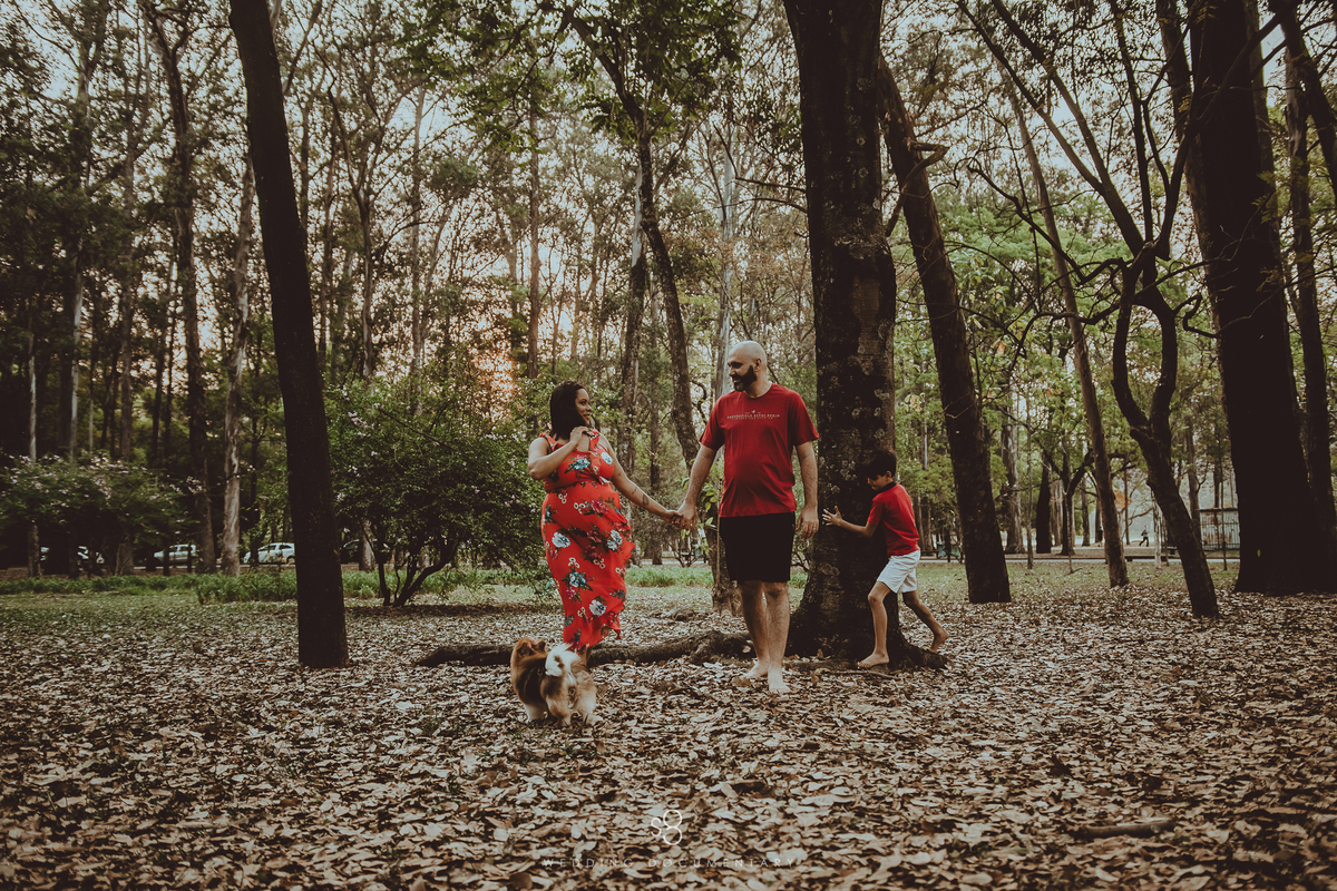 Fotografia de família no parque ibirapuera com roupas vermelhas