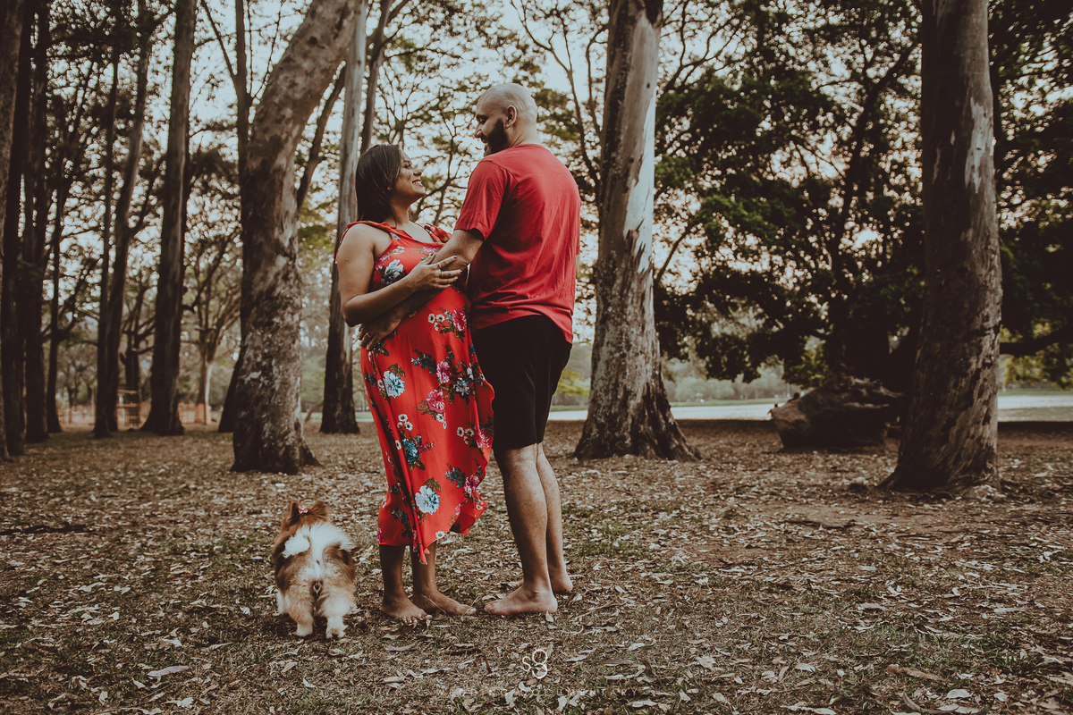 Fotografia de book de gestante com cachorro no Parque Ibirapuera em São Paulo