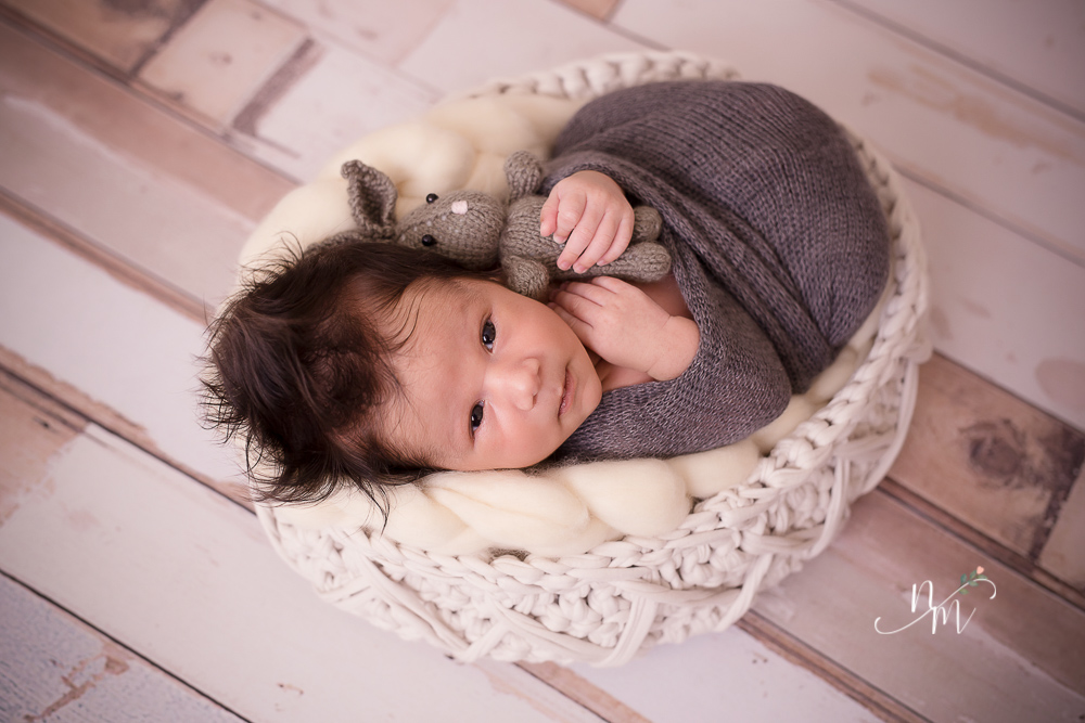 Bebê recém nascido deitado no cestinho enrolado num paninho com coelhinho de pano na mão