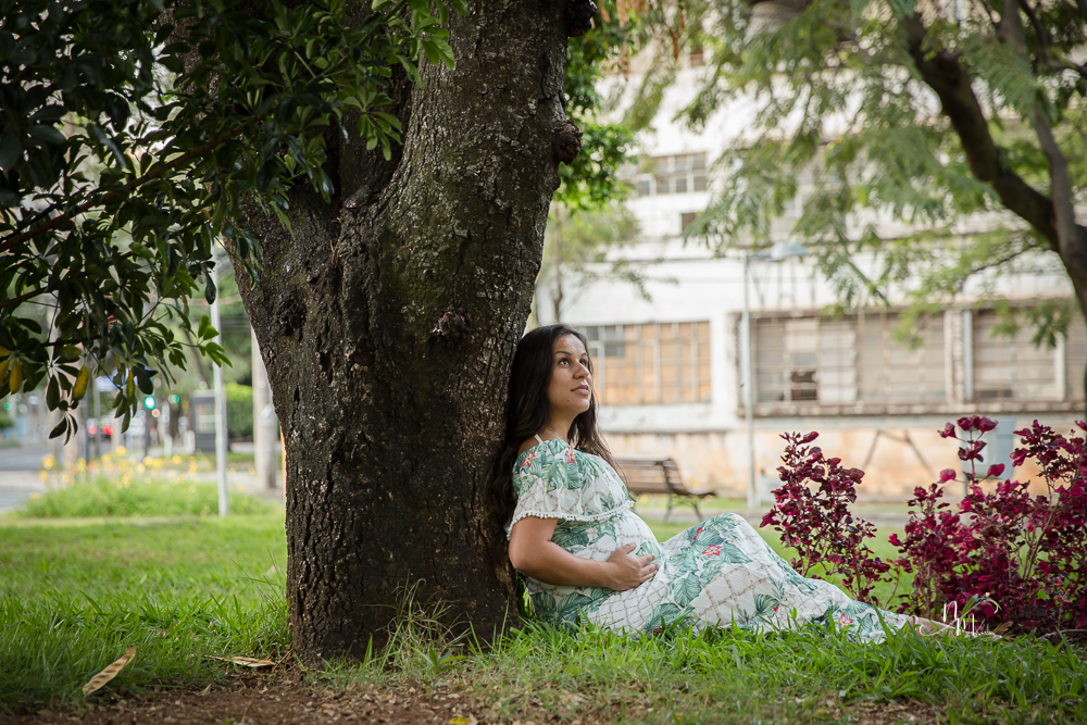ensaio de gestante feito por Natália Melo Fotografia em Belo Horizonte -MG, no Museu Histórico Abílio Barreto, onde a Flaviana está sentada na grama debaixo da árvore