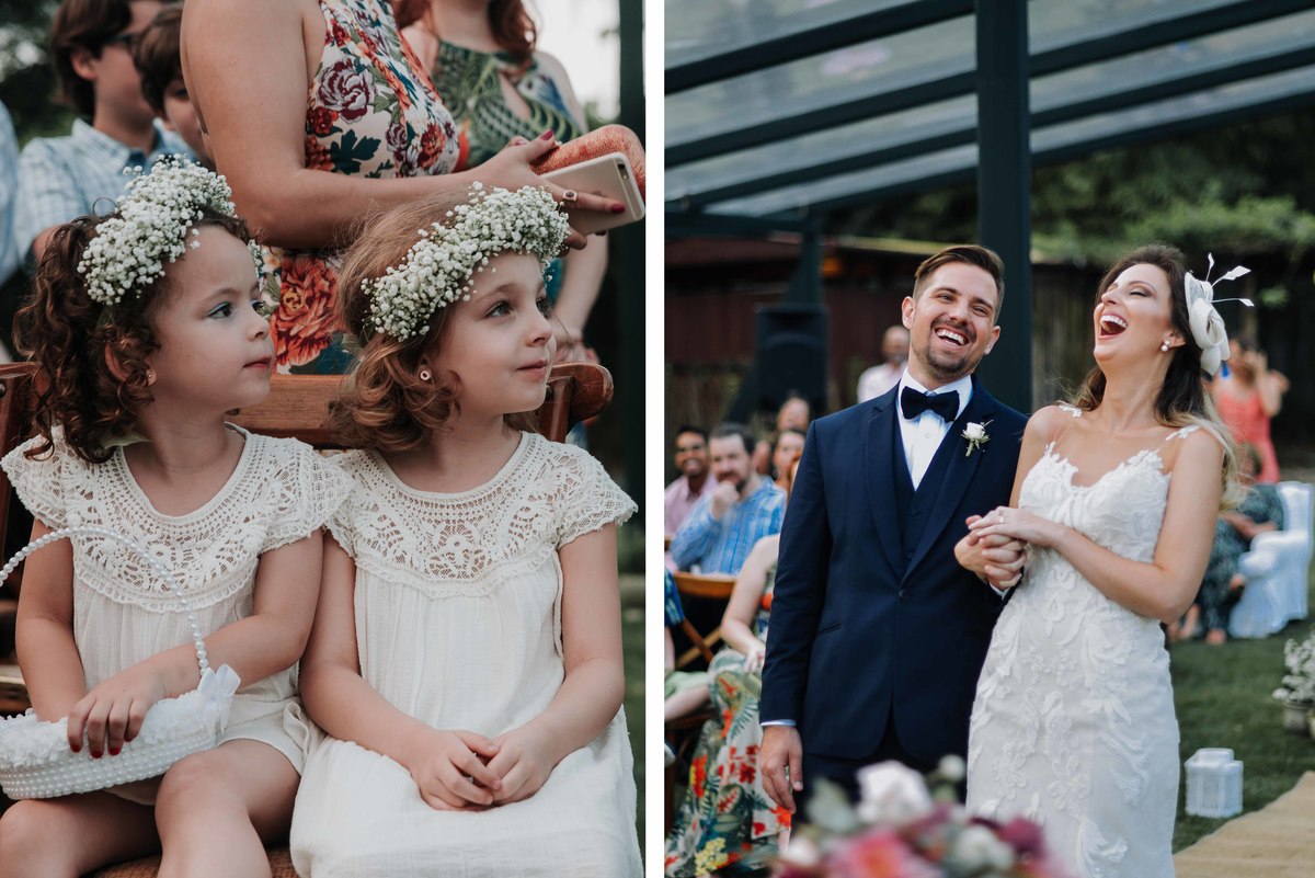 daminhas e noivos sorrindo no altar