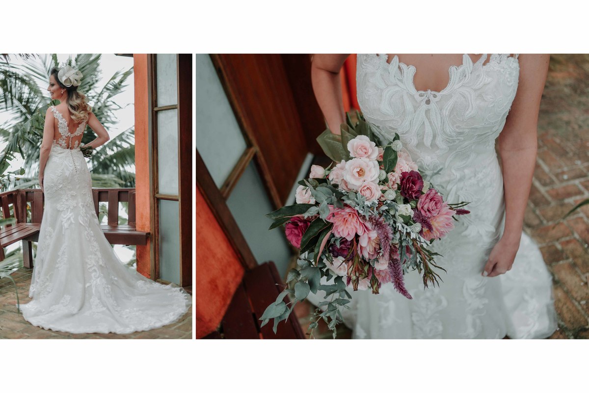 noiva pronta para o casamento com um buque rustico de suculentas 