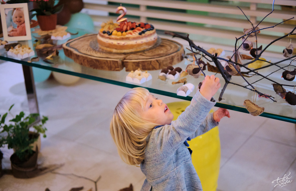 Teresa brincando e mexendo na decoração que a mãe fez na sua festa infantil