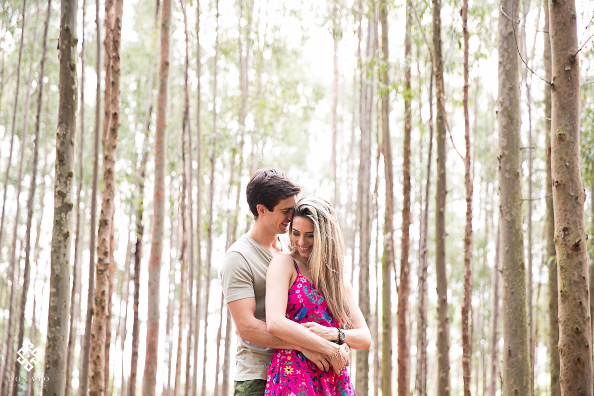 Retrato do casal entre os eucalipitos, esta plantação fica na cidade de holambra-sp.