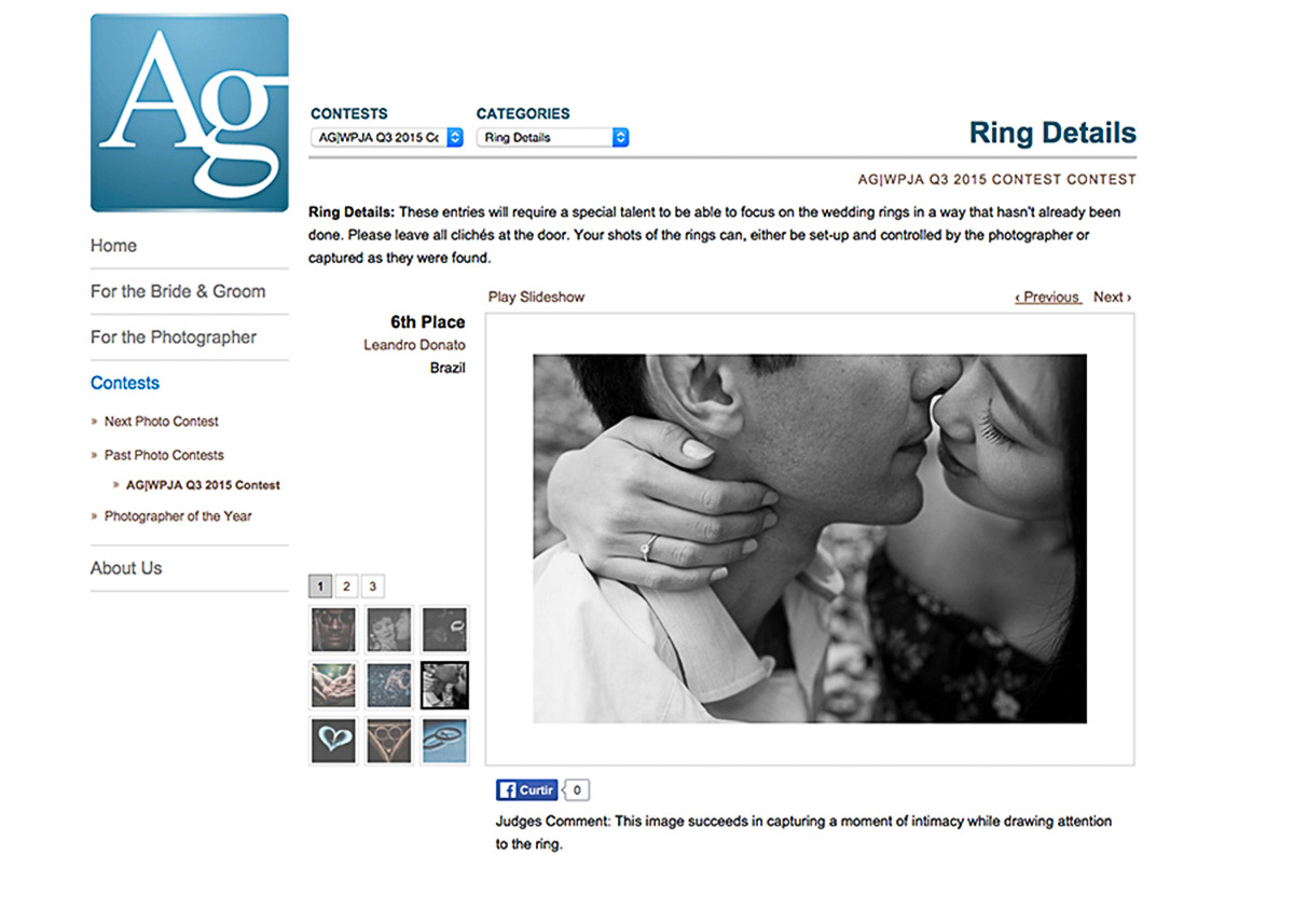 Noiva beixa o noivo com amor, o detalhe do anel faz toda a diferença, foto foi premiada na categoria aneis e detalhes pelo AGWPWA.