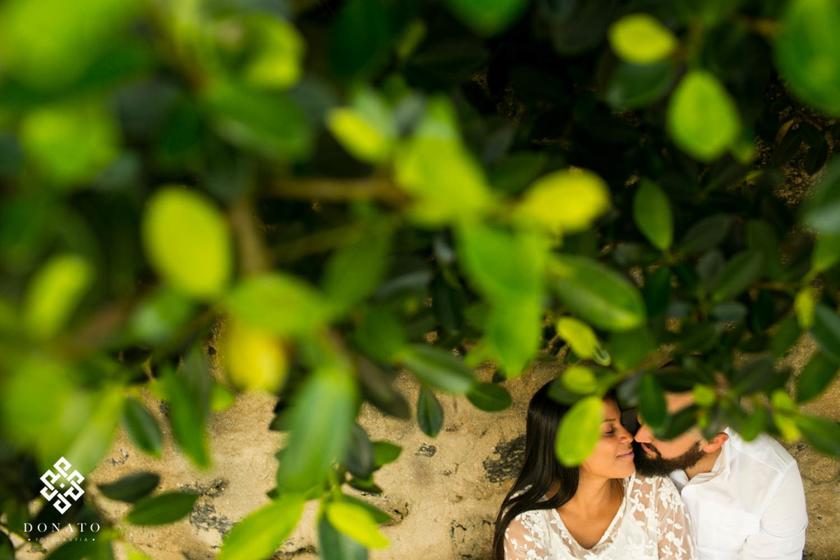 noivos sentados na areia, com uma moldura de folhas verdes, o contraste do verde e do amarelo da areia da todo um charme a esta foto.