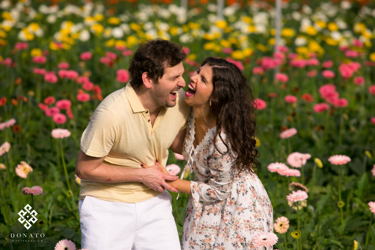 Noivo e Noiva gargalha entre as plantações de margaridas rosas, pink e amarelas, foto muito divertida e alegre.