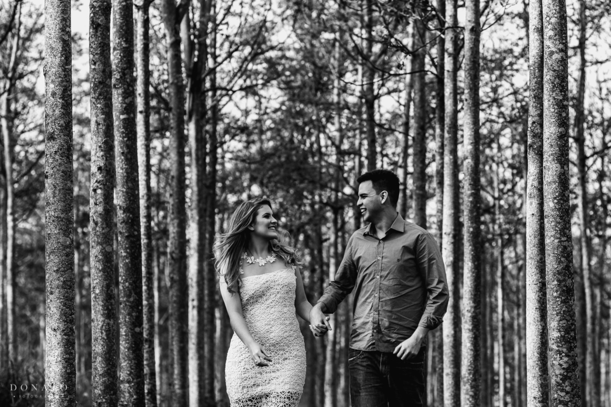 Casal correndo em meio aos eucaliptos.