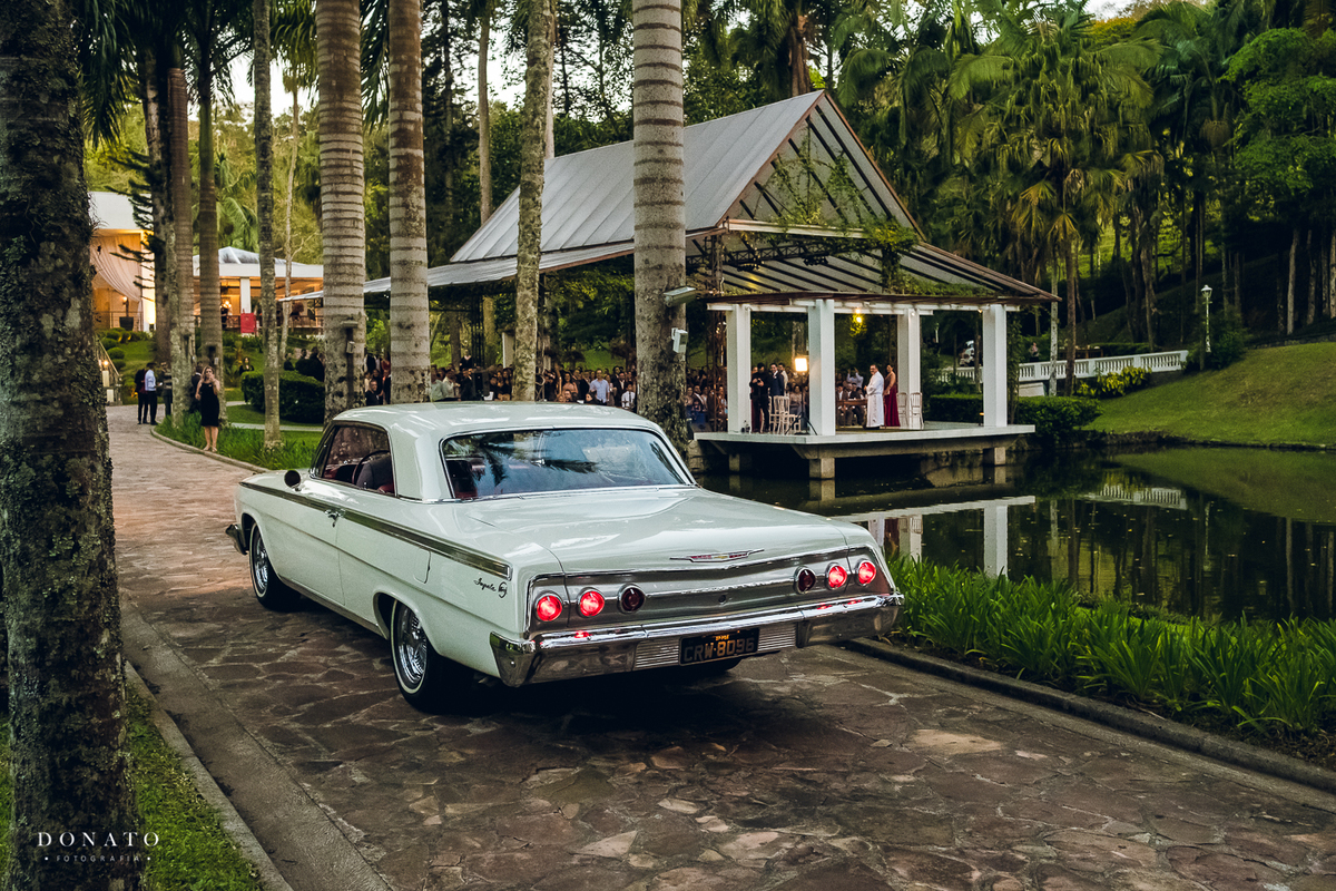 Entrada do carro da noiva entre as palmeiras imperiais da fazenda 7 lagoas.
