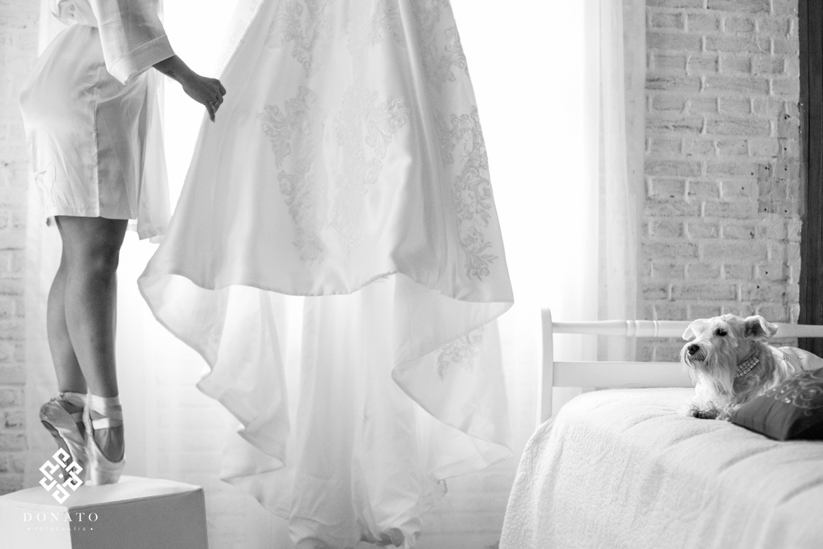 Retrato da noiva arrumando seu vestido, ao lado o seu cachorro olhando tudo.