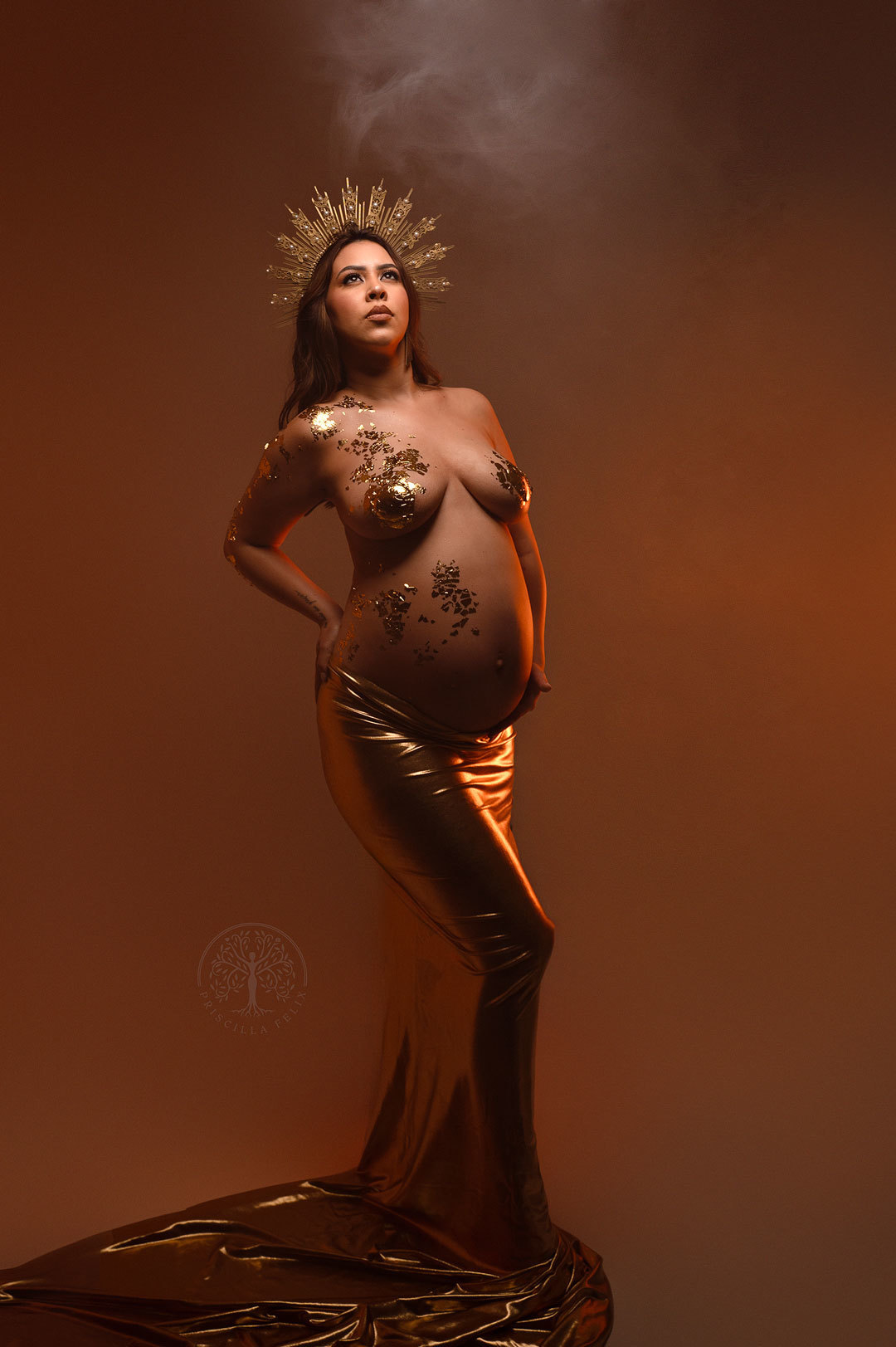 foto gestante com folha de ouro em estúdio zona oeste SP, elegancia e atemporal