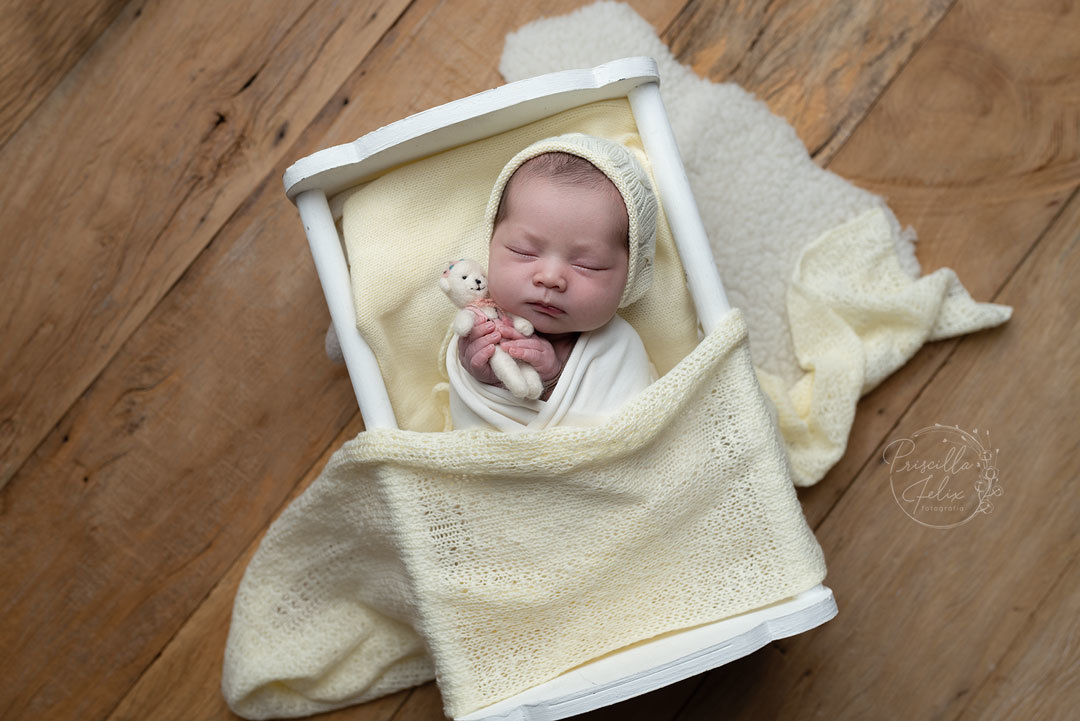 ensaio newborn da Lara foi lindo, olha ela segurando o urso enquanto dorme! pelas mãos da especialista em fotografia newborn Priscilla Felix