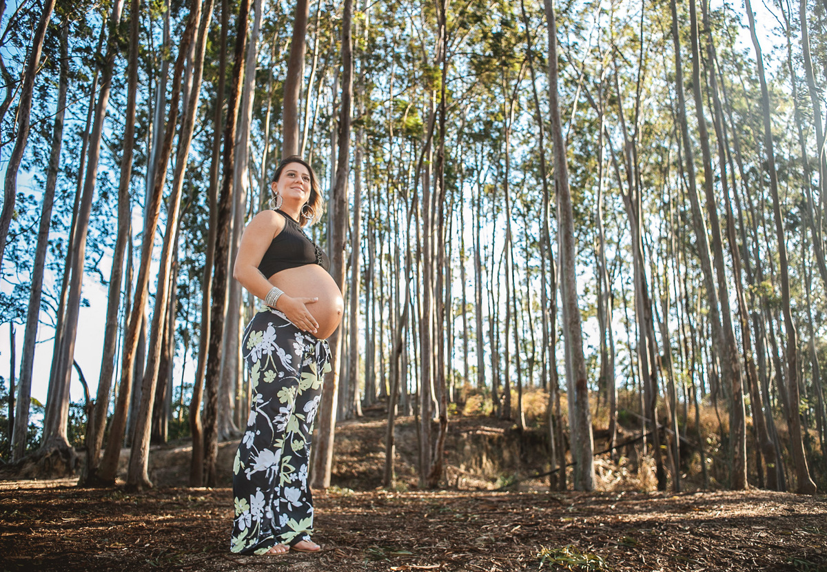 gestante rj fazendo pose entre as árvores de eucalipto