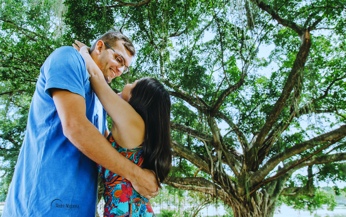 abraçados e se olhando debaixo de uma linda arvore