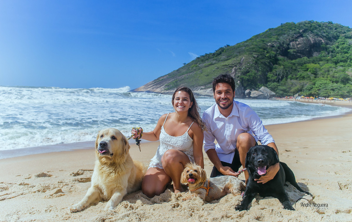 sentados na areia da praia com todos os seus três cachorros lindos.