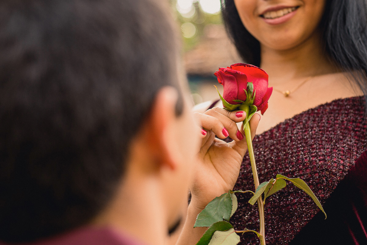 noiva olhando para a rosa vermelha no engenho central de piracicaba sp