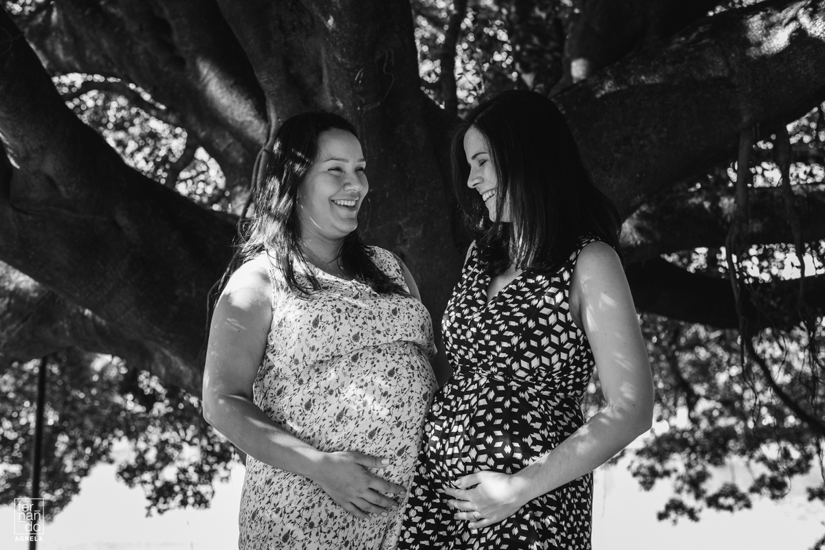 duas primas gestantes felizes em uma arvore
