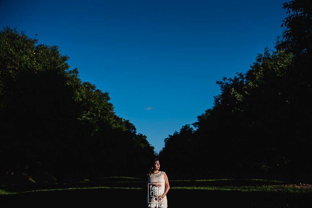 ensaio gestante coo arvores ao fundo e ceu azul, as arvores são uma linha de ponto de fulga que leva a mulher