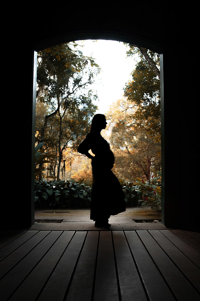 Silhueta de gestante no Jardim Botânico, com fotografia artística em preto e branco.