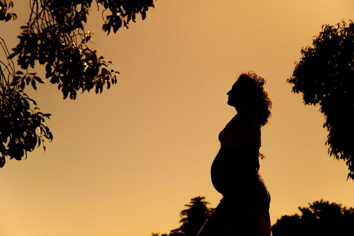 Silhueta de gestante ao pôr do sol no Bosque da Barra, em cena poética
