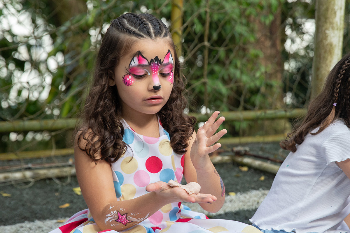 Marina como rosto pintado brincando na festa de aniversario - 6 anos - Rio de Janeiro.