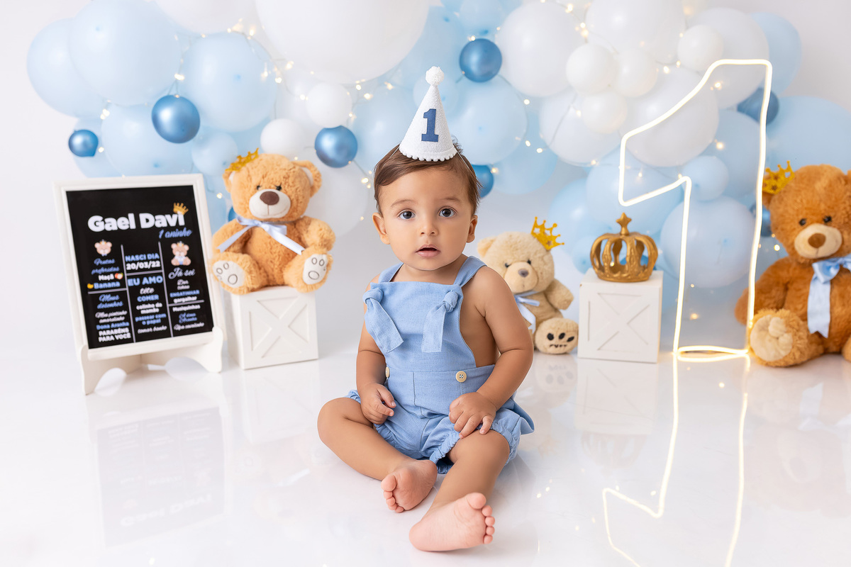 Smash The Cake Menino -  smash the cake ursinho azul - smash the cake urso azul - smash the cake azul - Smash The Cake em Estúdio - Smash The Cake Davi - On Click Fotografia - estúdio on click fotografia 