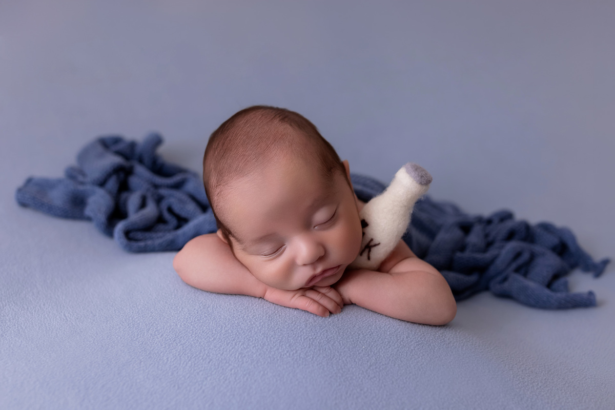 Bebê recém-nascido Levi enroladinho em tecido azul no baldinho durante ensaio newborn no estúdio On Click Fotografia em Caraguatatuba