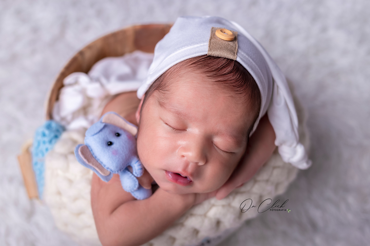 Ensaio newborn - Newborn Caraguatatuba - Pose no baldinho na cor branco e azul - Newborn do José Luiz - Home Estúdio On Click Fotografia