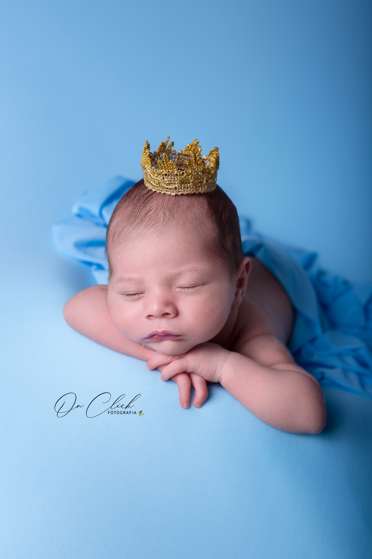 Ensaio newborn - Newborn Caraguatatuba - Pose do bracinho com coroa - Newborn do João Pedro - Home Estúdio On Click Fotografia