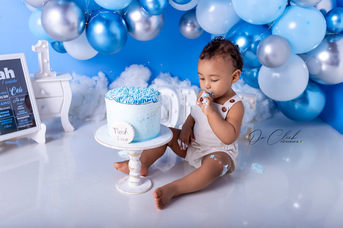 Smash the Cake Menino Azul - Smash the Cake Azul - Smash the cake do Noah - On Click Fotografia