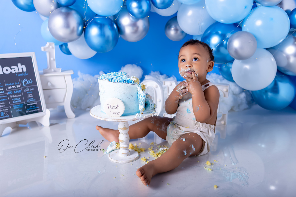 Smash the Cake Menino Azul - Smash the Cake Azul - Smash the cake do Noah - On Click Fotografia