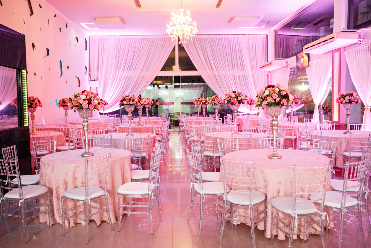 Foto da decoração de casamento realizado no Espaço 277, em Nova Iguaçu, RJ.