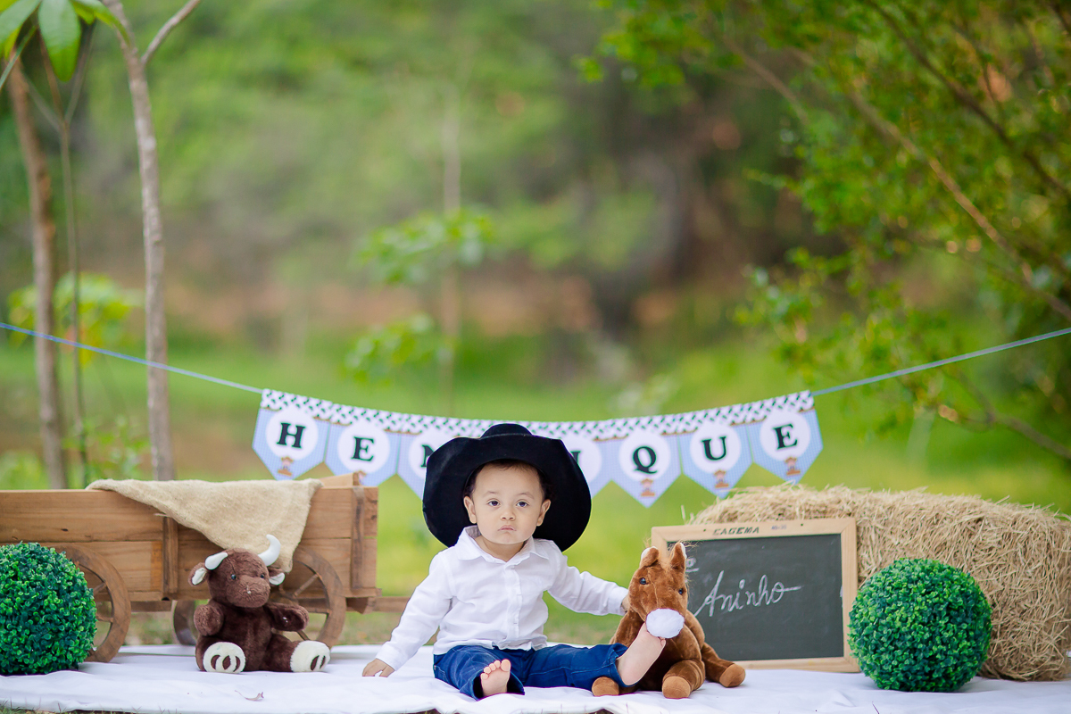 O Henrique estava bem familiarizado com o cenário de cowboy que montamos pra ele, na sua sessão de Smash the Cake.