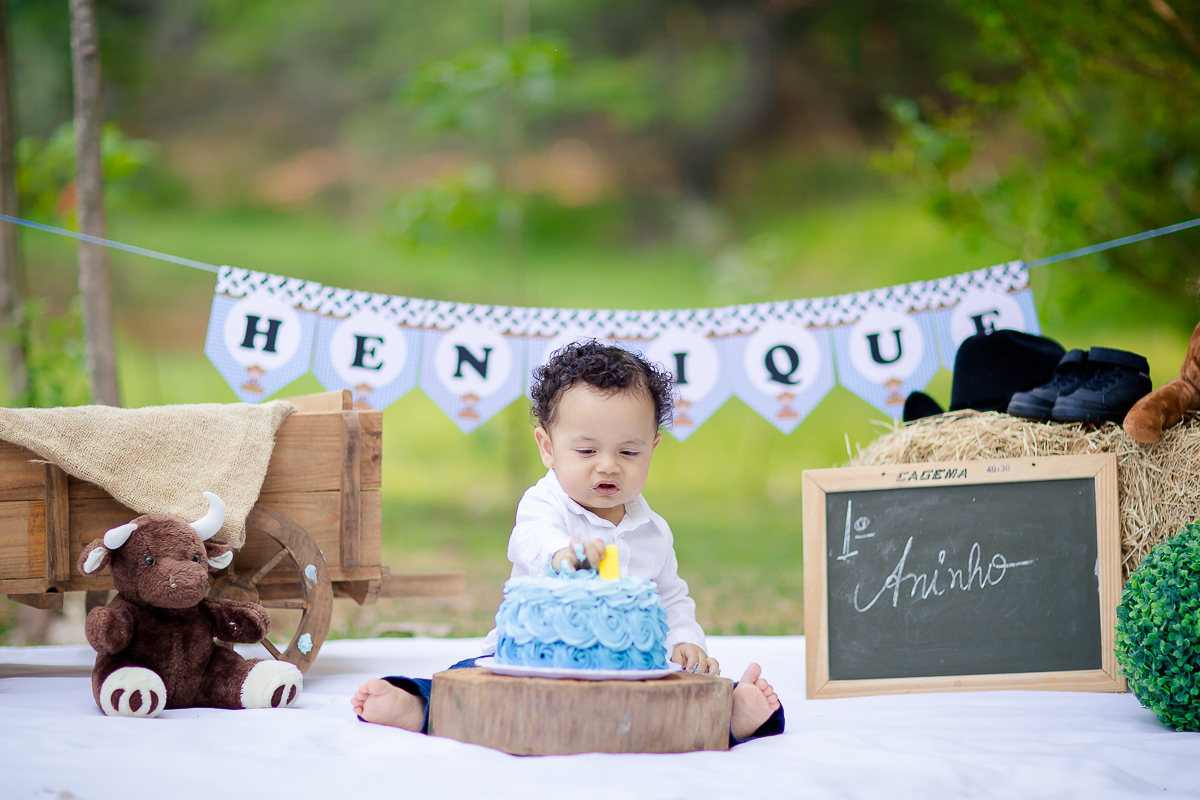 O Henrique estava bem familiarizado com o cenário de cowboy que montamos pra ele, na sua sessão de Smash the Cake.
