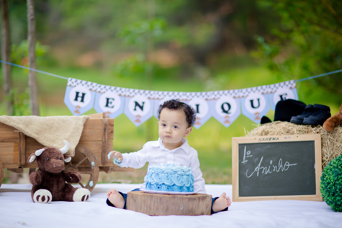 O Henrique estava bem familiarizado com o cenário de cowboy que montamos pra ele, na sua sessão de Smash the Cake.