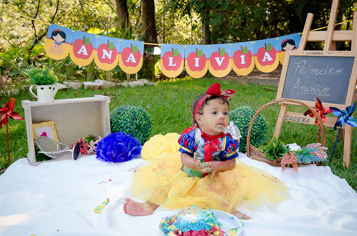 Para o smash the cake, a mamãe escolheu o tema da Branca de Neve, que foi o mesmo da festinha dela.

A mamãe Bianca preparou um bolo bem colorido para Ana Lívia se deliciar na sua sessão de fotos

E foi um dia de muita bagunça no parque