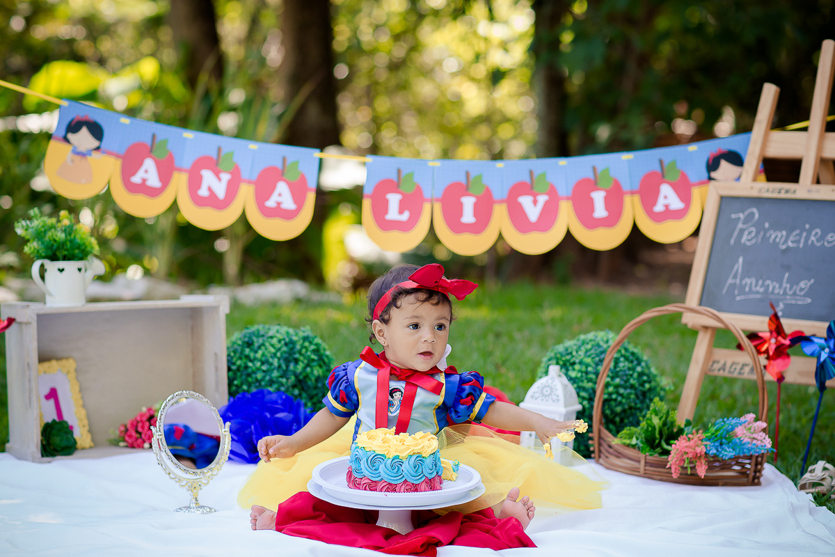 Para o smash the cake, a mamãe escolheu o tema da Branca de Neve, que foi o mesmo da festinha dela.

A mamãe Bianca preparou um bolo bem colorido para Ana Lívia se deliciar na sua sessão de fotos

E foi um dia de muita bagunça no parque