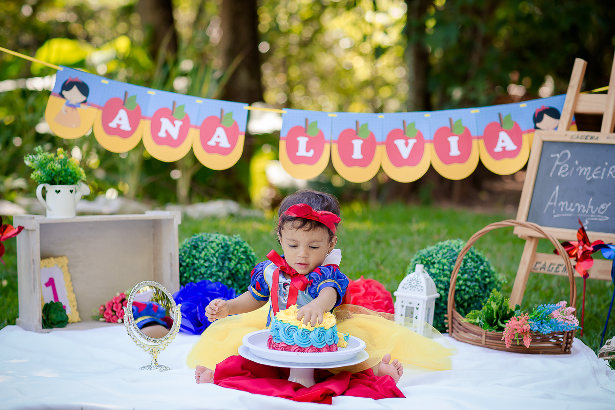 Para o smash the cake, a mamãe escolheu o tema da Branca de Neve, que foi o mesmo da festinha dela.

A mamãe Bianca preparou um bolo bem colorido para Ana Lívia se deliciar na sua sessão de fotos

E foi um dia de muita bagunça no parque