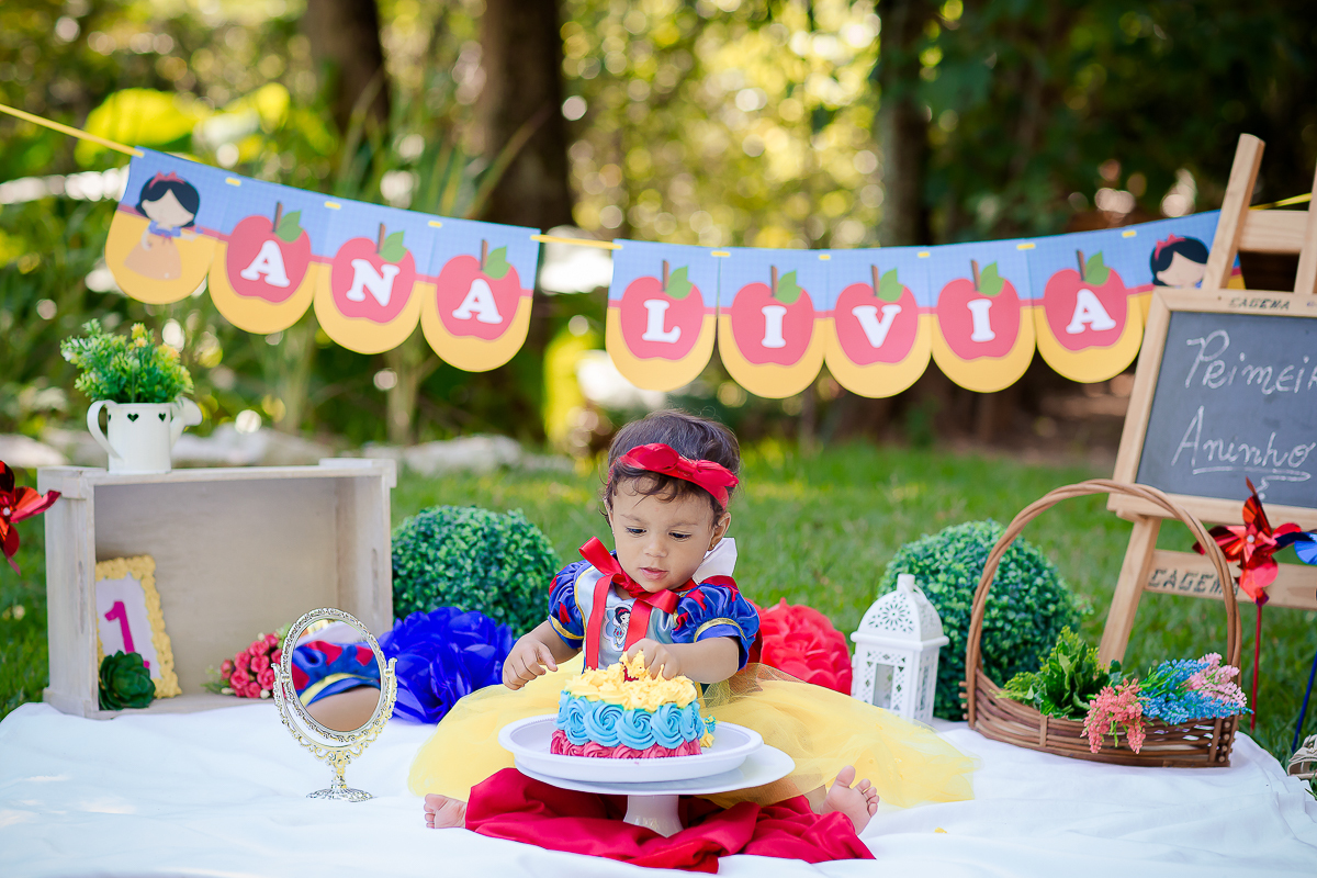 Para o smash the cake, a mamãe escolheu o tema da Branca de Neve, que foi o mesmo da festinha dela.

A mamãe Bianca preparou um bolo bem colorido para Ana Lívia se deliciar na sua sessão de fotos

E foi um dia de muita bagunça no parque