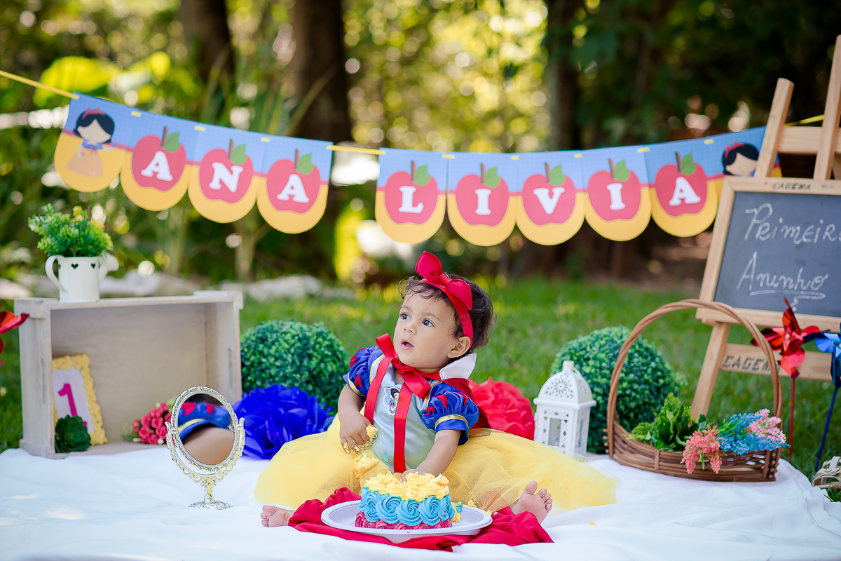 Para o smash the cake, a mamãe escolheu o tema da Branca de Neve, que foi o mesmo da festinha dela.

A mamãe Bianca preparou um bolo bem colorido para Ana Lívia se deliciar na sua sessão de fotos

E foi um dia de muita bagunça no parque