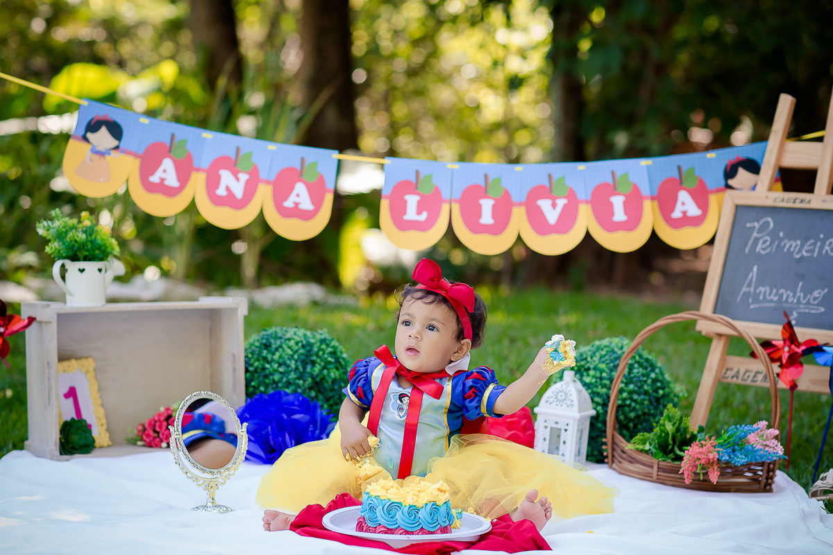 Para o smash the cake, a mamãe escolheu o tema da Branca de Neve, que foi o mesmo da festinha dela.

A mamãe Bianca preparou um bolo bem colorido para Ana Lívia se deliciar na sua sessão de fotos

E foi um dia de muita bagunça no parque